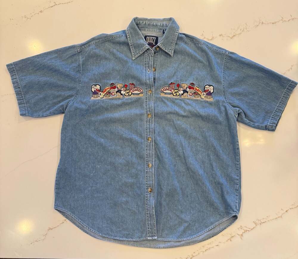 Vintage 90s QUIZZ New York Embroidered Denim Shirt | Teddy Bear Kitchen Scene |